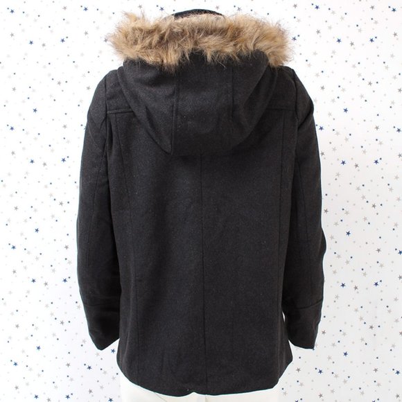Charcoal Faux Fur Hooded Wool Blend Coat Jacket - Picture 7 of 9